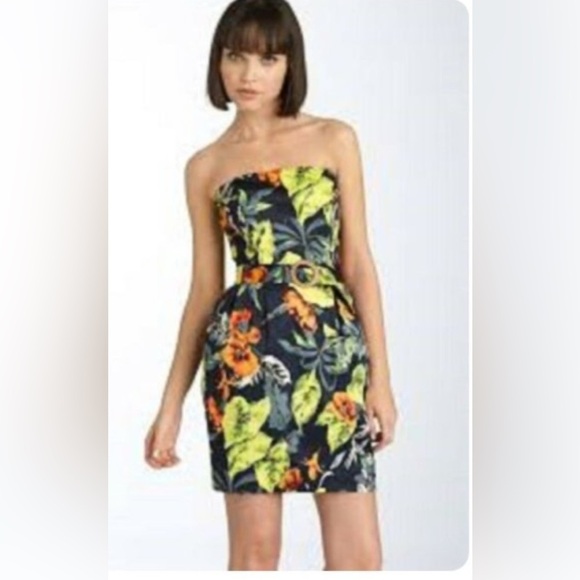 French Connection Strapless Tropical Mini Dress w/ Belt Size 4 Hawaii Vacation - Picture 1 of 10